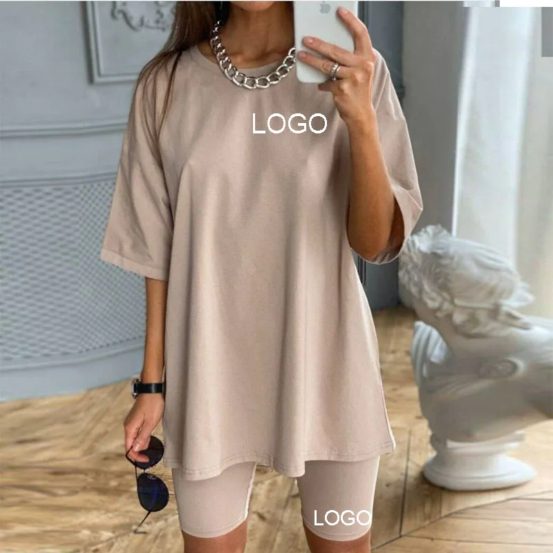 

Custom logo summer Women 2 Piece Outfit Sets Casual Oversized T-Shirt Tops Biker Shorts Workout Sport s Tracksuit Loose outfits