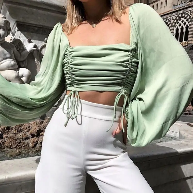 

Women Lantern Long Sleeve Blouse Crop Top Casual Party Elegant Shirt Woman Fashion Clothes Summer Short Blouses