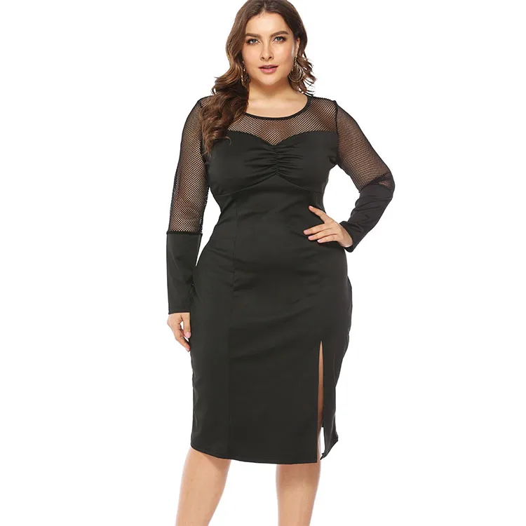 

PSD2080 Low MOQ Split Sexy Elegant Mesh Plus Size Long Sleeve Ruched Club Party Black Dress for Women, As show