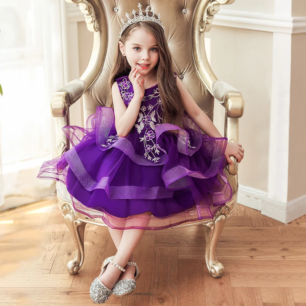 

Wholesale Flower girl dress party wedding birthday kids clothes sleeveless frock elegant baby girl dress, Pink ,blue ,purple ,red ,rose ,white