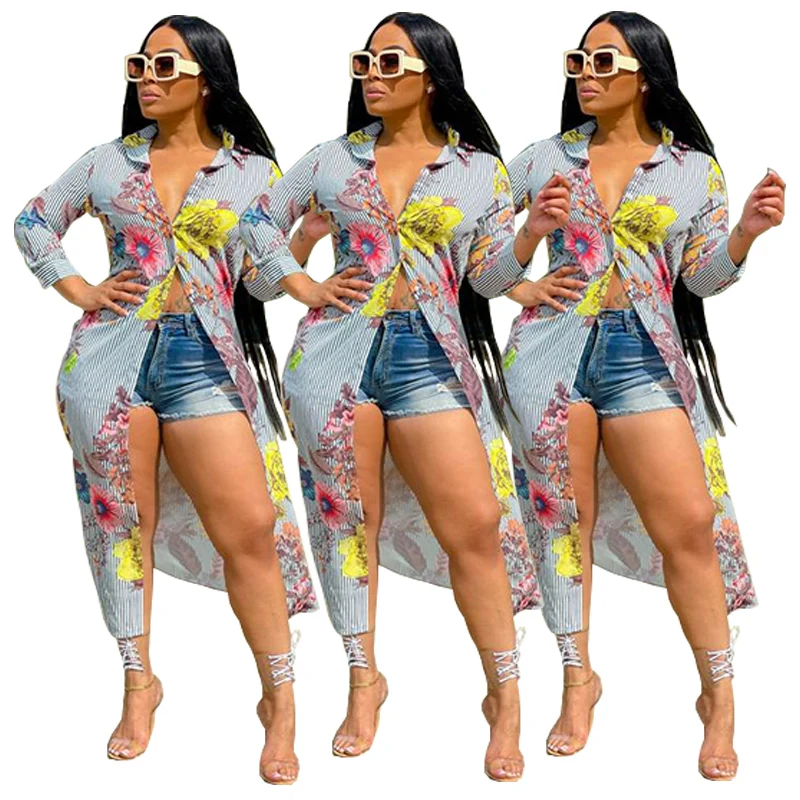 

YH037 New arrivals plus size dress womens fashion printed casual Lapel womens shirt dress floral casual dresses