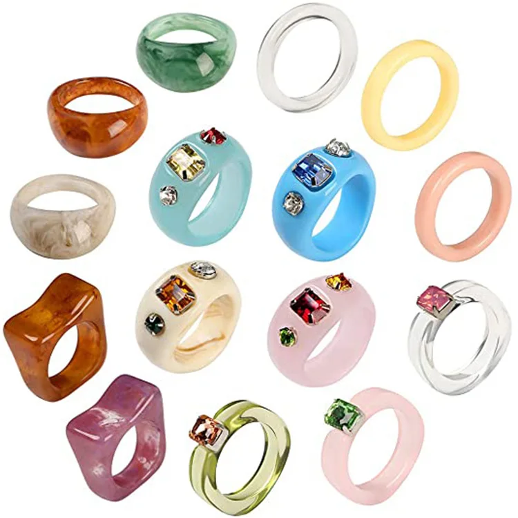 

New Arrival Jelly Rhinestone Personalized Jewelry Colorful Cute White Clear Adjustable Chunky Acrylic Resin Rings, Imitation rhodium
