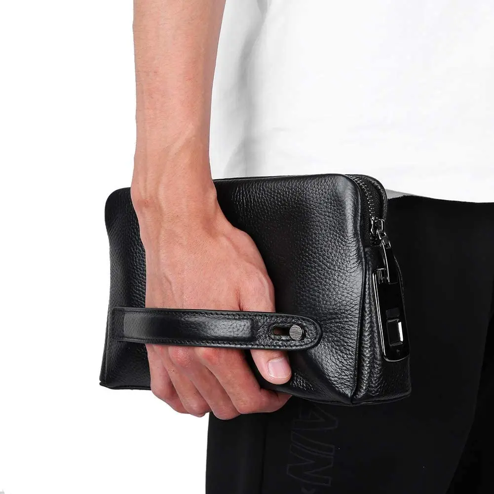 

New design small smart man black litchi texture real leather business handbag fingerprint access purse