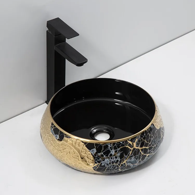black-and-gold-bathroom-sink-9755A-E-398-perspective-detail-honeycomb-relief-gold-crackle-obsidian-gloss-interior