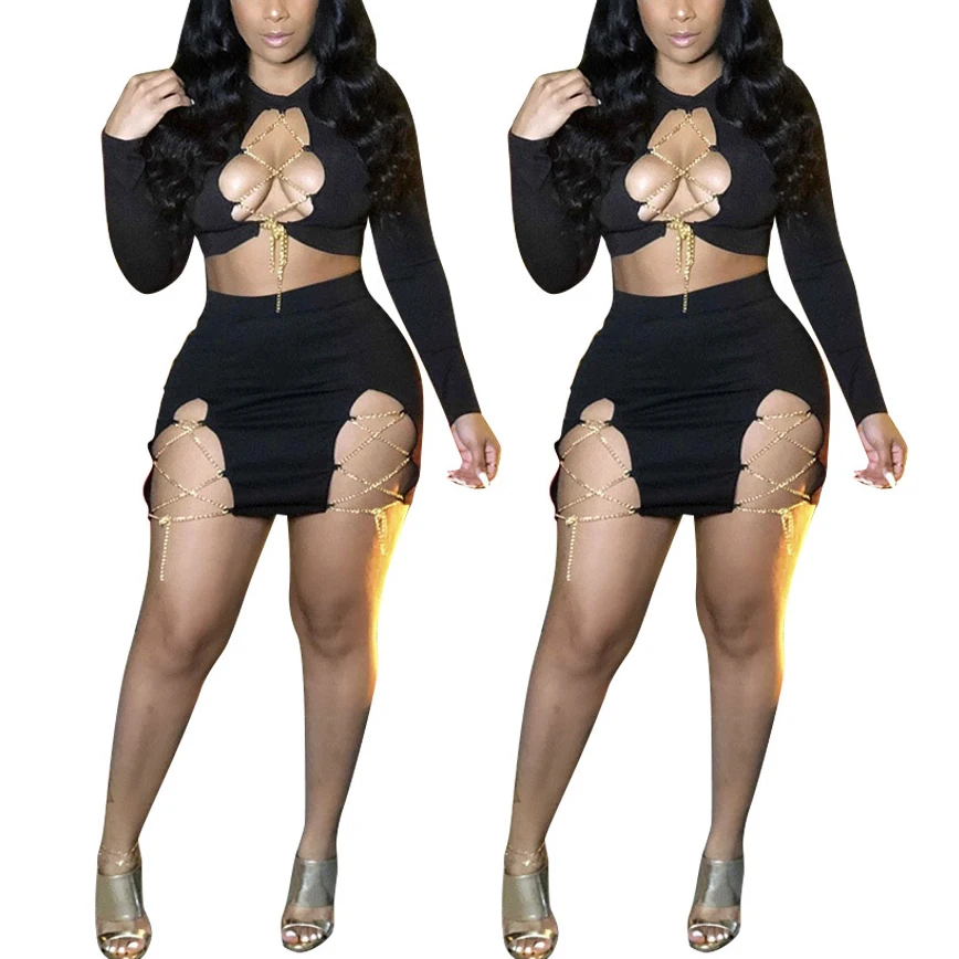 

FS2350D 2021 Fashion Long sleeve hollow out crop tops and skirts two pieces sets party dress