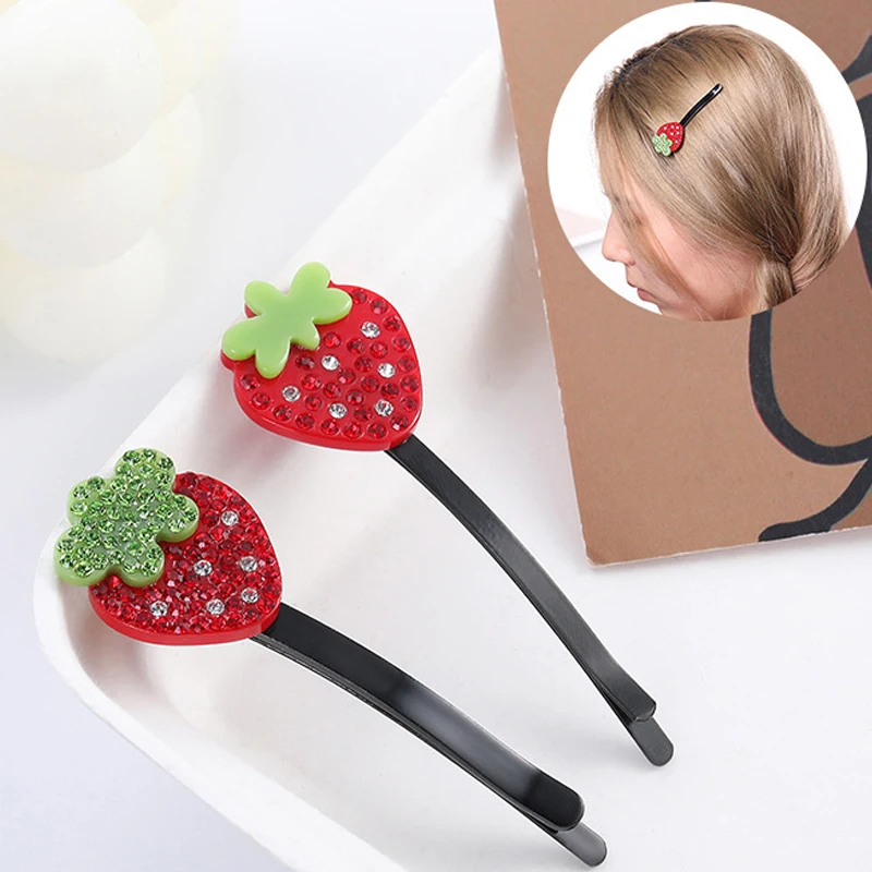 

Fashion Sweet Girls Women Acetic Acid Strawberry Hairpin One-word Acetate Hairclips Crystal Rhinestone Bobby Pins Hair Clips