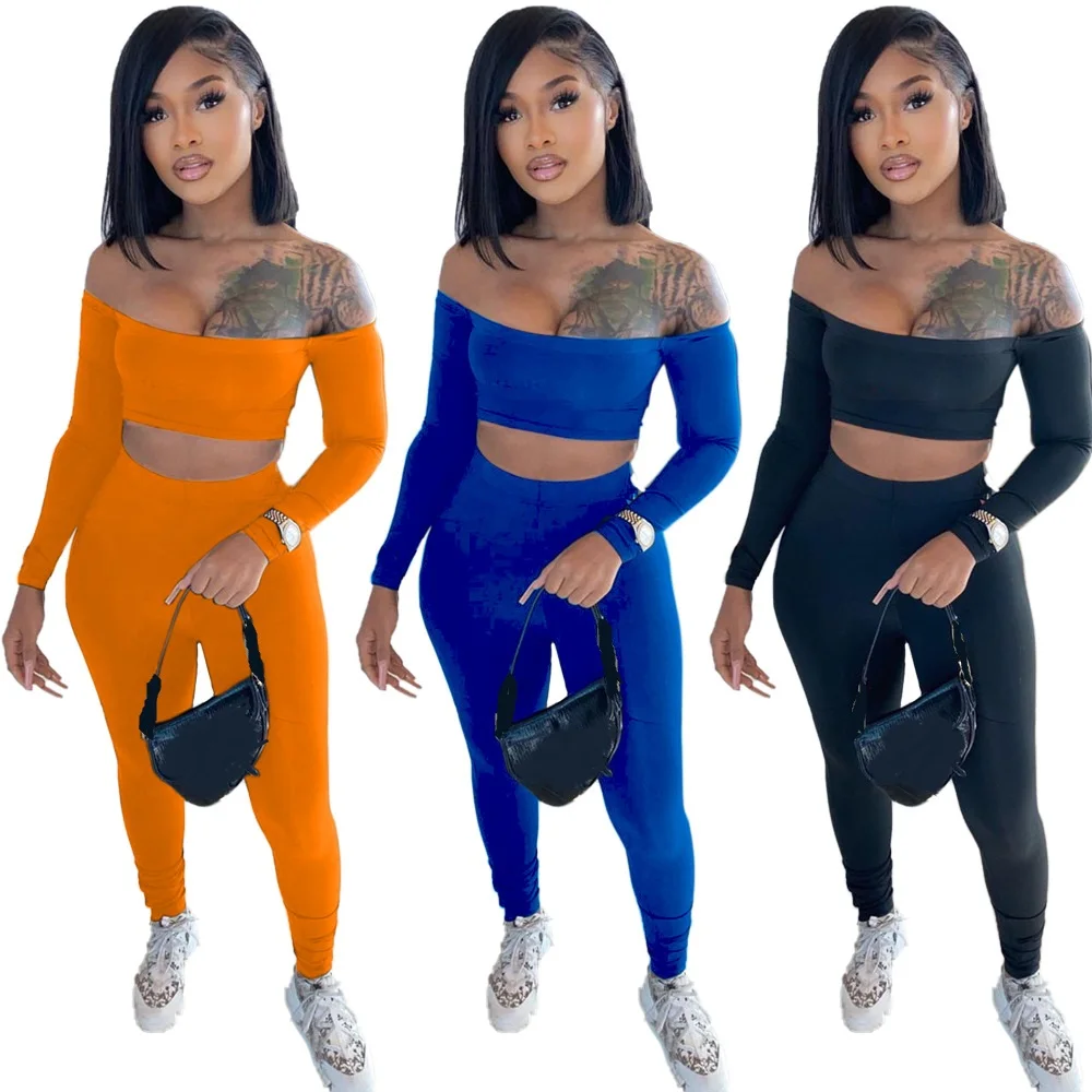 

T3351 - crop top and pants fashion off shoulder long sleeve bandage women two piece set