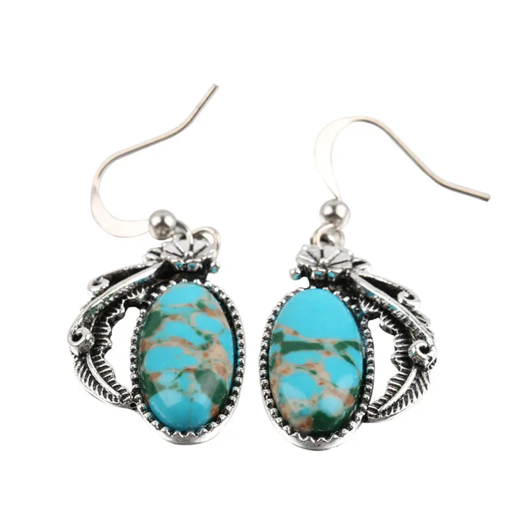 

New Arrival Natural Stone Retro Feather Leaf Earrings European Fashion Women Oval Colorful Turquoise Earrings, Picture