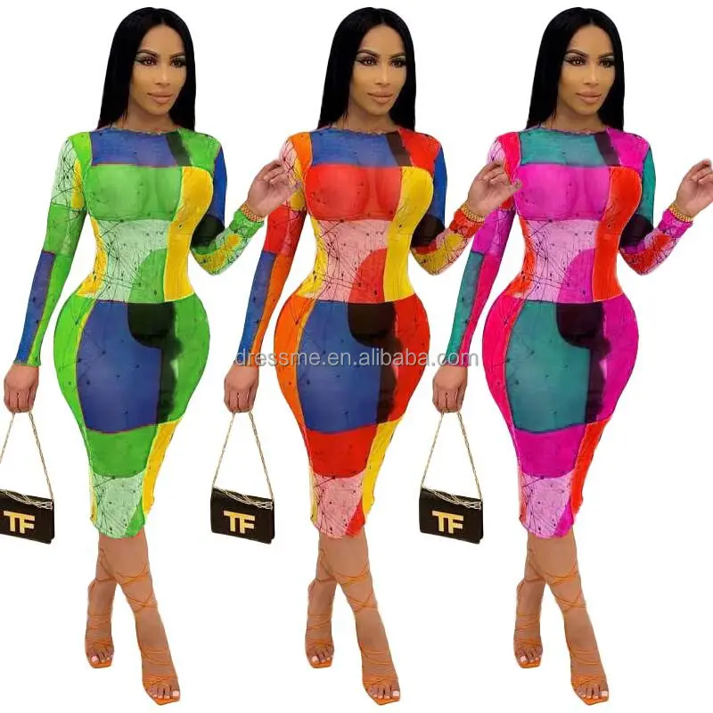 

MT124-5197 2021 New arrival contrast color ladies sexy see through bodycon mesh club wear women fall dresses bodycon dress women