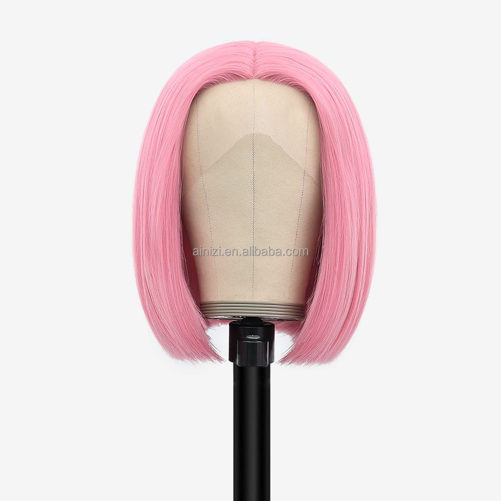 

Ainizi heat resistant HD lace wigs pink color 12'' yaki bob style middle part synthetic T part lace front wigs