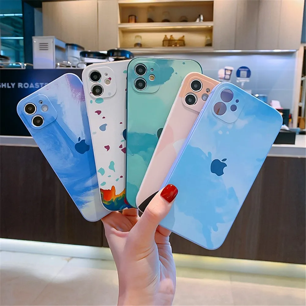 

Original Liquid Silicone Case For iPhone 12 Pro Max Mini 11 SE 2020 X Xs XR 7 8 Colorful Painting Watercolor Cover Coque Fundas, 9 color