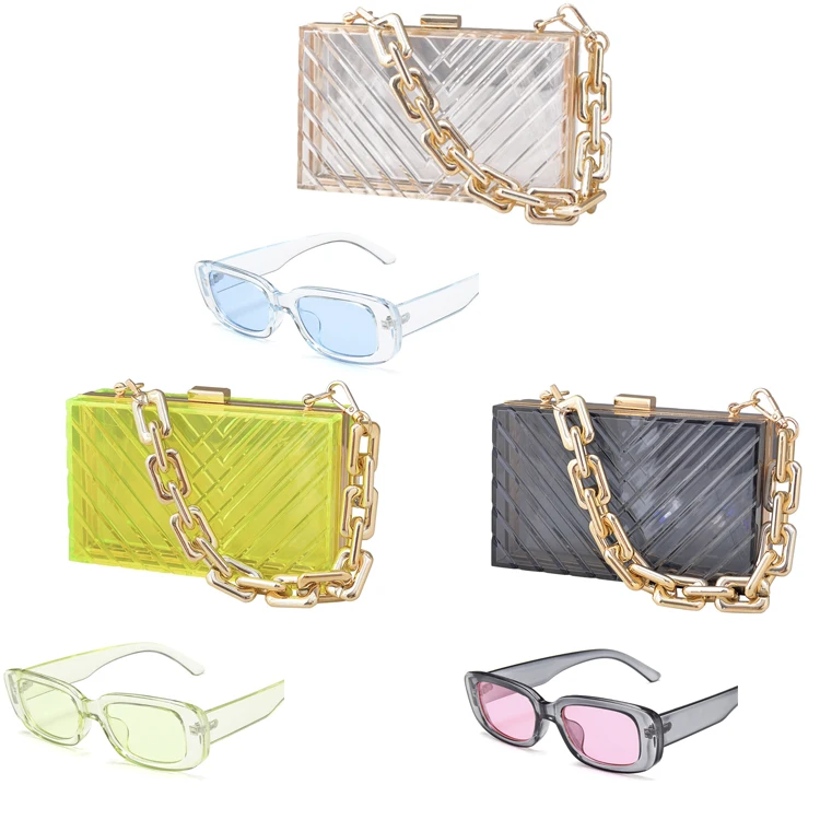 

2022 Jelly Purse Handbags Ladies Transparent Chain Shoulder Bag Messenger Purse and Sunglasses Set, Green/black/clear/orange/pink