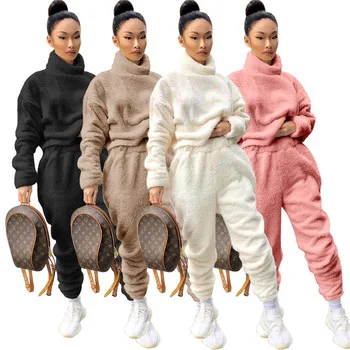 

2020 Winter Two Piece Set Women Clothing Solid Turtleneck Velvet Top and Pants 2 Piece Outfit Two Piece set women clothing, Picture color