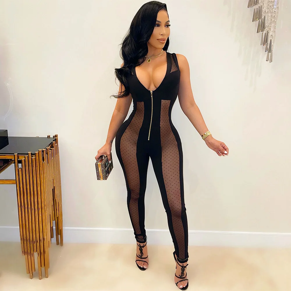 

YS5651S 2022 Spring New Fashion Mesh see-through patchwork jumpsuit, Black