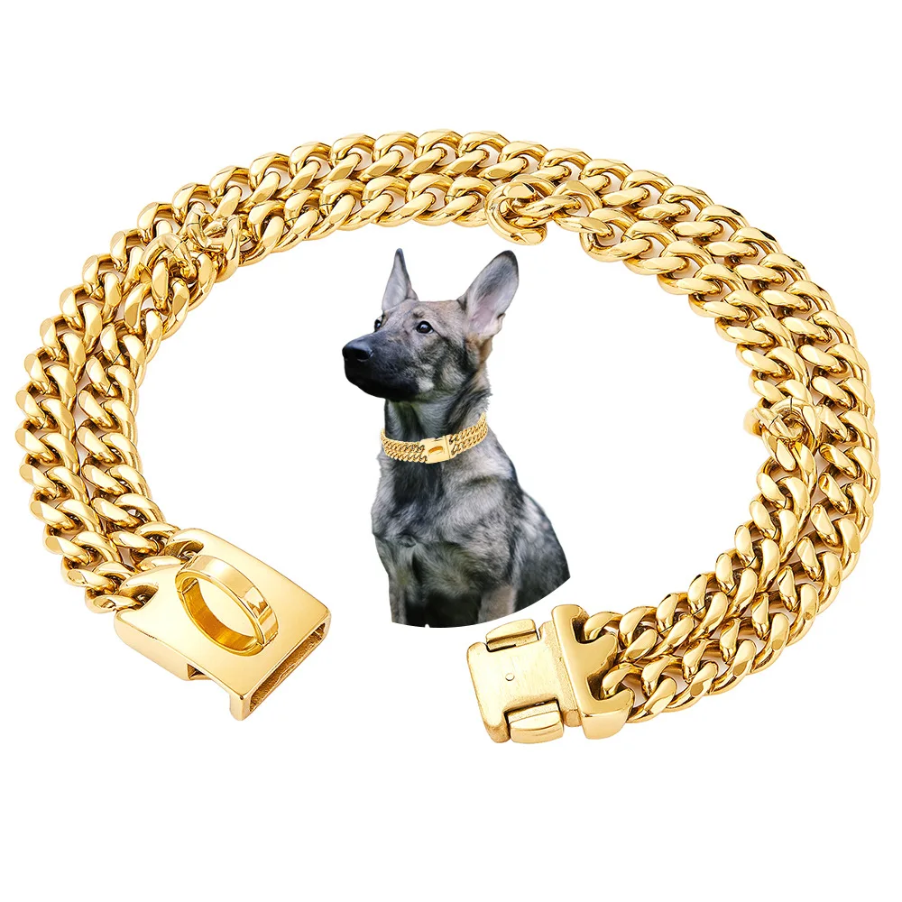 

12mm Double Row Stainless Steel Metal Dog Collar 18K Gold Wide Heavy Duty Strong Pet Dog Collar Gold Cuban Chain For Dogs