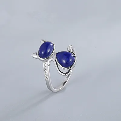 

2021 New Women Fashion  925 Sterling Silver Ring Cute Cat kitten Ring With Natural Gemstone lapis lazuli ring