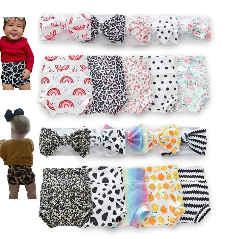 

Wholesale High Waisted Baby Girl's shorts Baby Bloomers Bow and Bodysuit Set Baby Girl bummies bow set, Picture shows