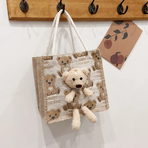 

Latest women bags exquisite handbag ladies tote bag cute bear knitted canvas fabric