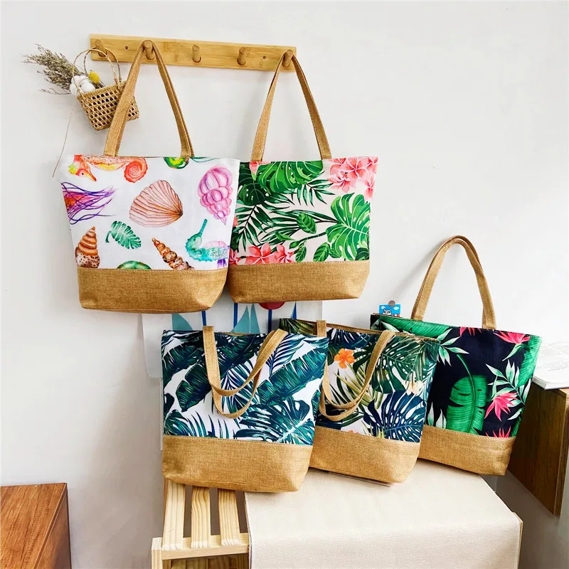 

Summer beach plant print shoulder bag women hand bags cheap high quality tote handbags for ladies