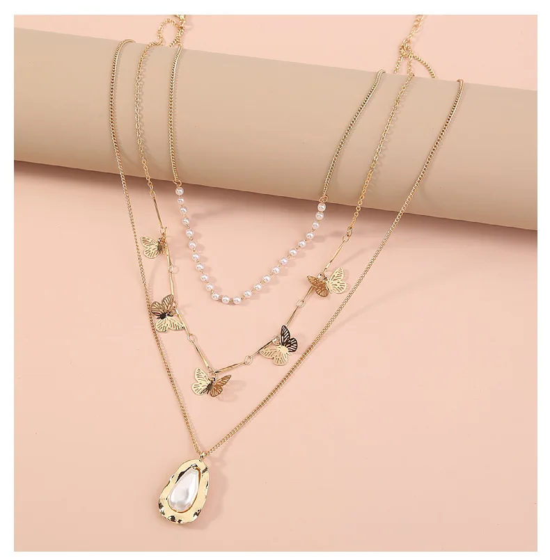 

Wholesale Fashion Jewelry women multi layered Small butterfly necklace Gold Chain Necklace With Pearl Pendant pearl necklace