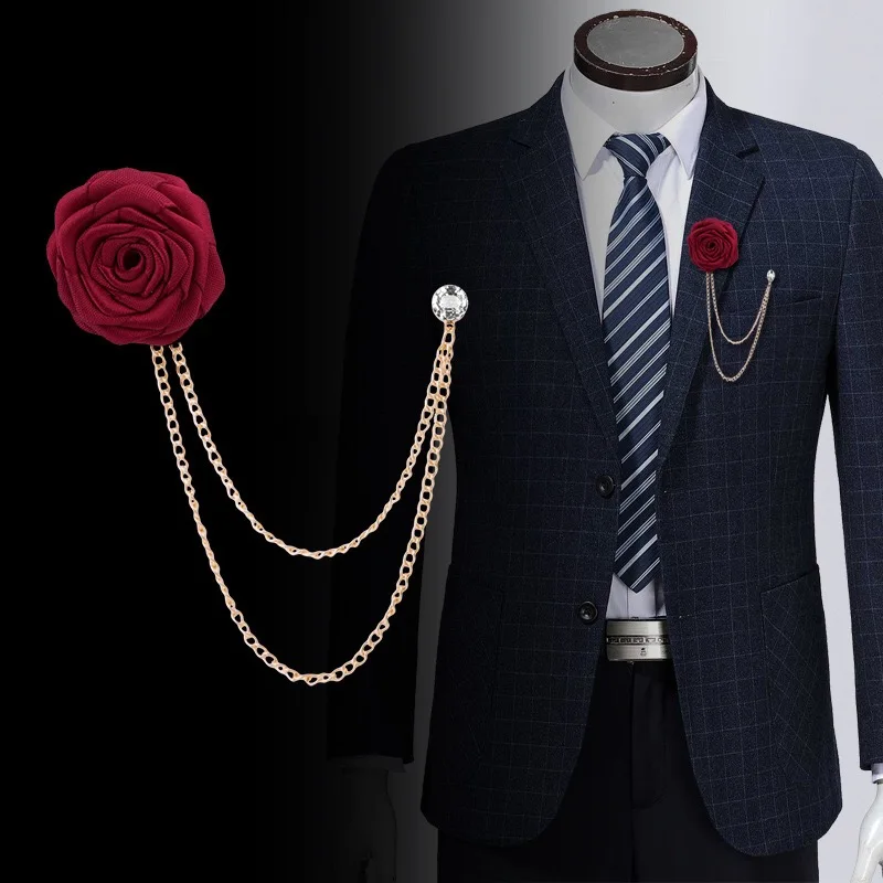 

Badge Tassel Chain Brooches For Men Bridegroom Wedding Brooch Cloth Hand-made Rose Flower Lapel Pin Mens Suit Accessories