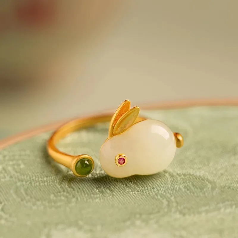 

Hetian Jade Hare Ring Moon Jade Hare Alluvial Gold Ring Brass Gold-Plated Inlaid Jasper Ring Gift Jewelry Supply