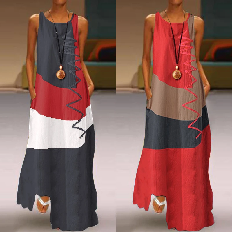 

Women Patchwork Sundress ZANZEA 2020 Summer Maxi Dress Kaftan Casual Sleeveless Tunic Vestido Female 100% Cotton Robe Plus Size