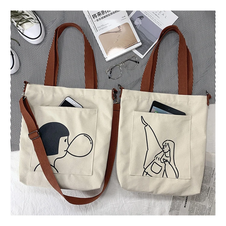 

New Style Custom Printed Logo Shopping Cotton Canvas Tote Bag Female Canvas Ins Cute Large With Handle Cross Body Bag, 4 colours