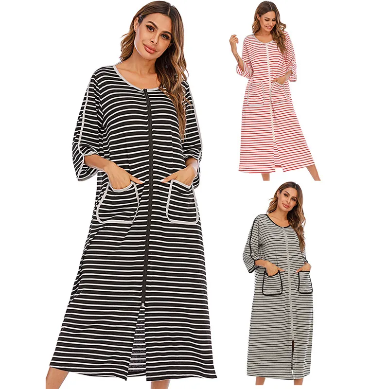 

Amazon best Zipper Front Half Sleeve Stripe Long loungewear women with Pockets S-XXL