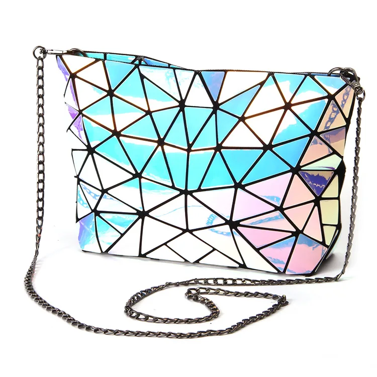 

Premium High Quality Laser Holographic Geometric women Crossbody Bag PU Lady Makeup Evening Bag with Chain