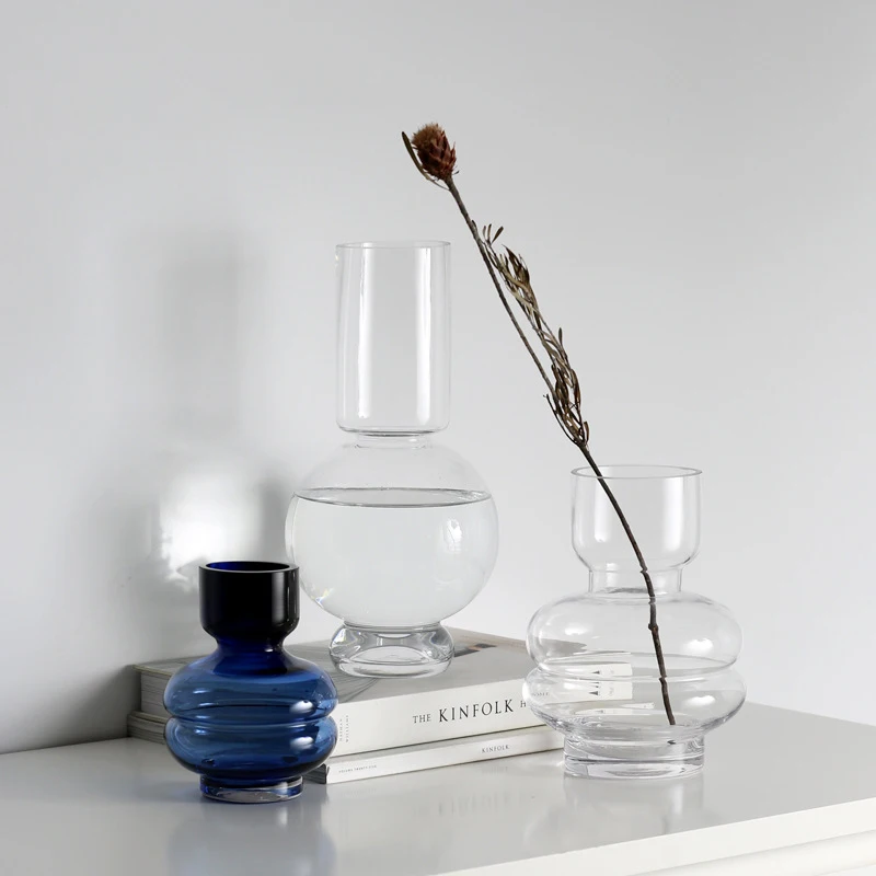 

ins hot sale factory Wholesale modern luxury creative Artistic vase en verre Handmade Transparent Flower Glass vase, Transparent/deep blue