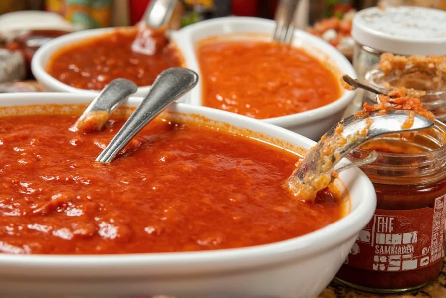 Close-up comparison of chili garlic sauce substitutes including sriracha, sambal oelek, and homemade alternatives in small bowls