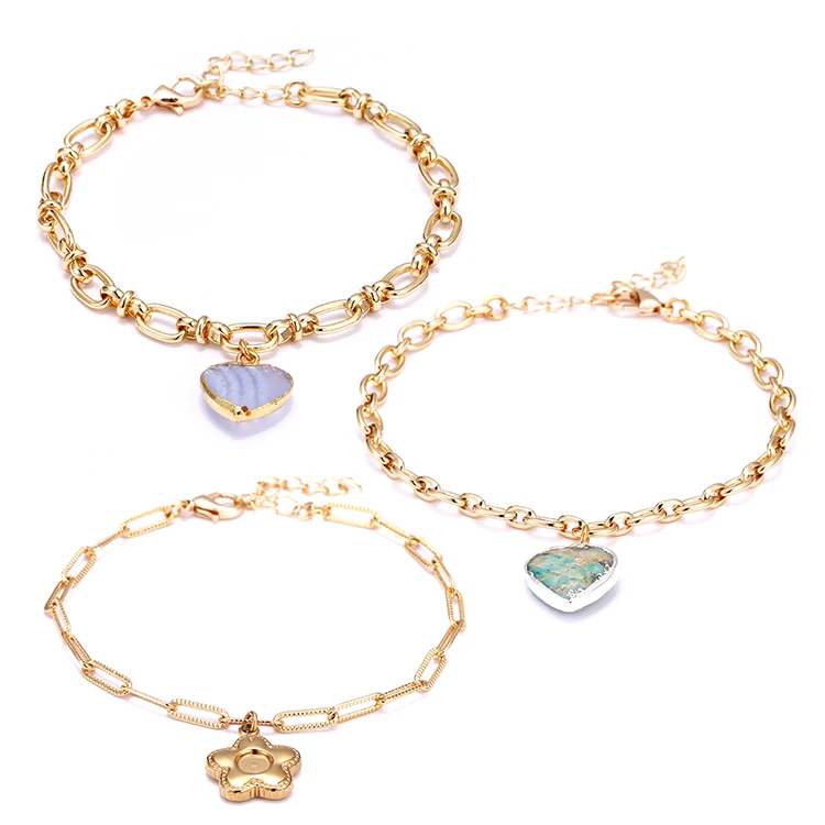 

Fashion Natural Stone Charm Rose Quartz Star Heart Brass Gold Link Chain Bracelet Gold for Women Girls, Picture shows