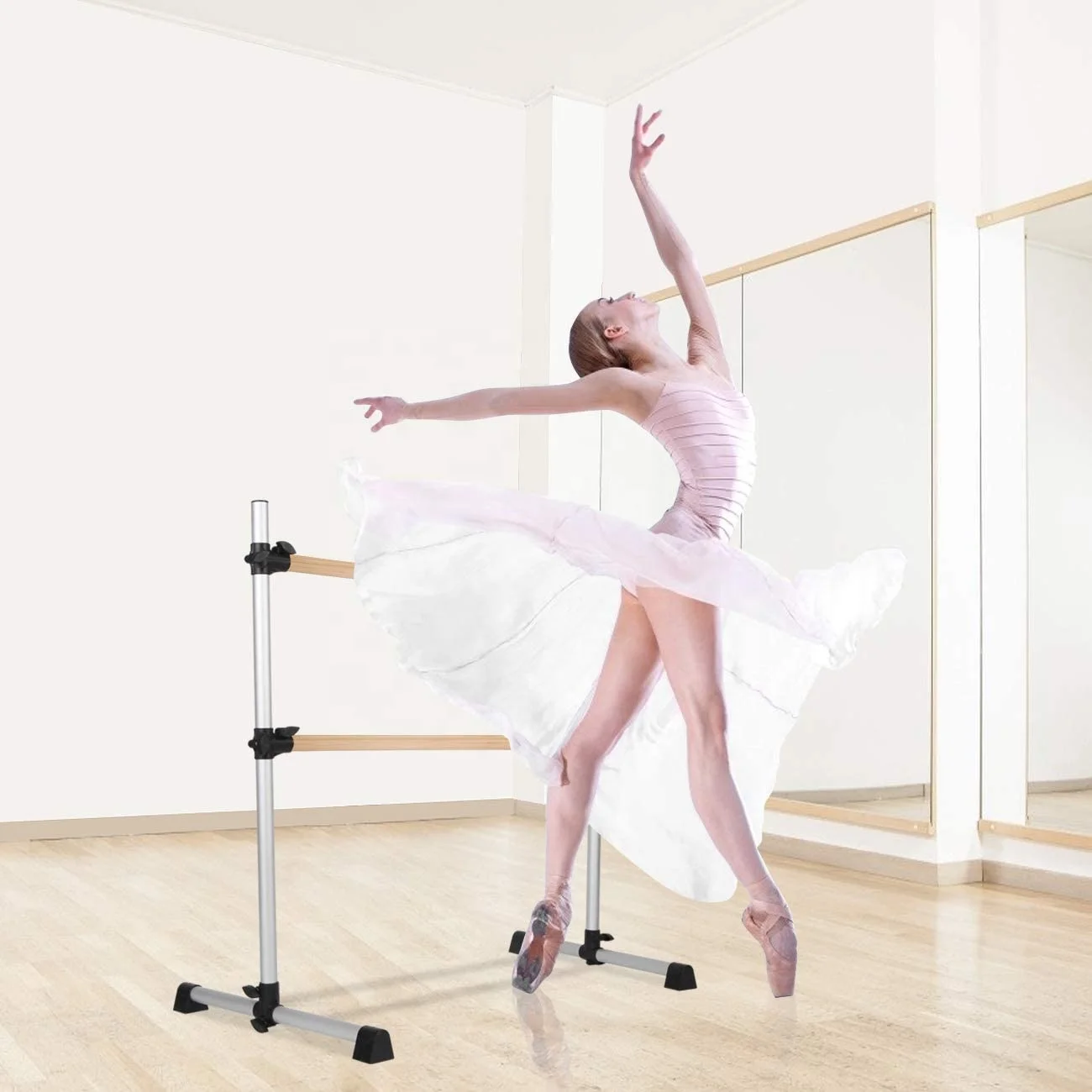 

ALTSF032  Wood Aluminium Portable Adjustable Ballet Barres for Home , Dancing School, Pic