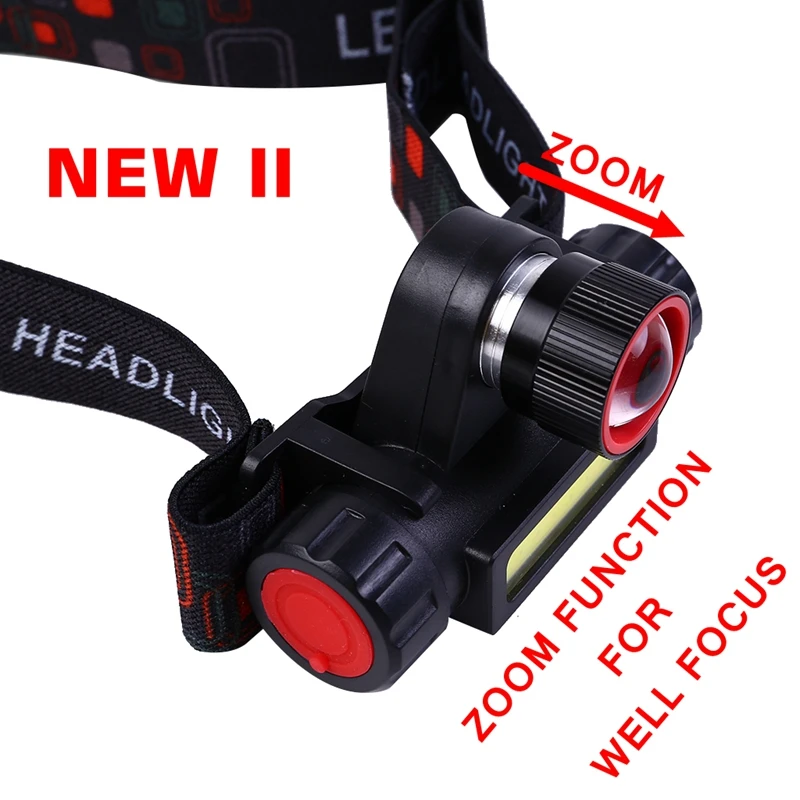new USB rechargeable LED headlamp 3 W COB high lumen lithium battery waterproof 2 beams headlight zoom head lamp light