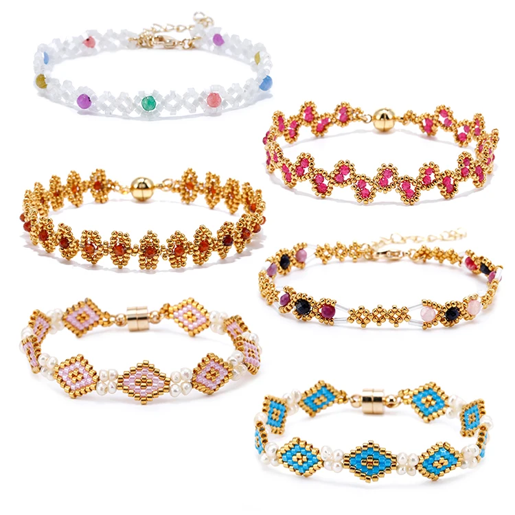 

Bohemian Adjustable Handmade Colorful Rhombus Flower Miyuki Seed Beads Pearl Bracelet For Women, Picture shows
