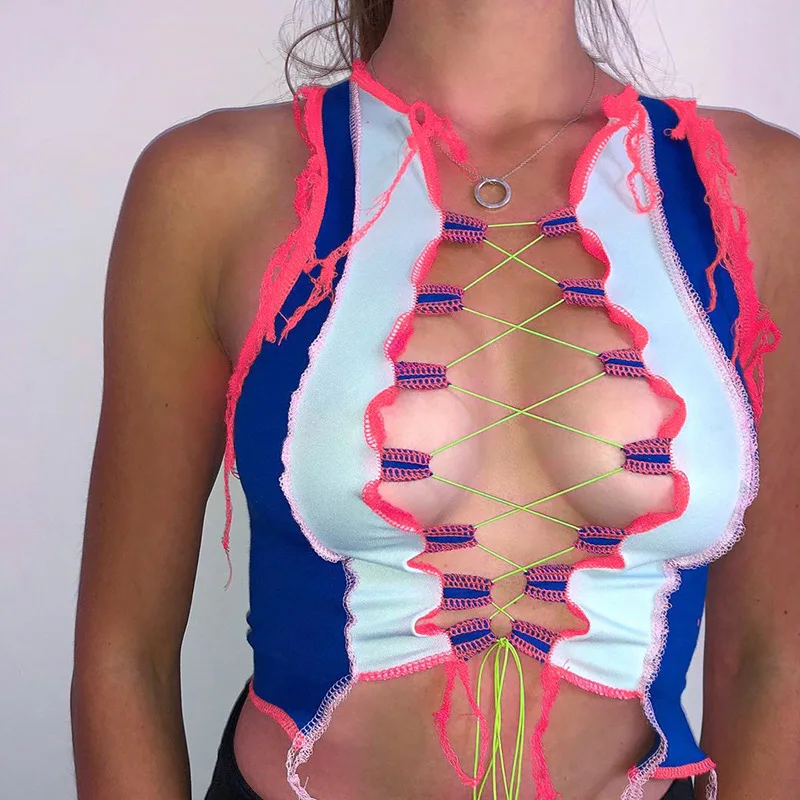 

Sexy women lace up hollow out color blocking patchwork 2021 summer sleeveless ladies crop tank top, Customized color