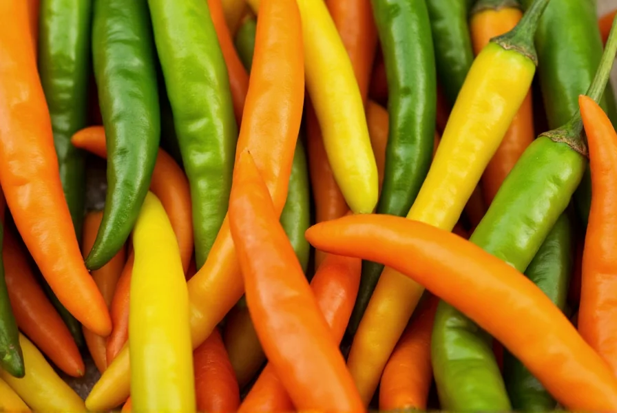 Close-up view of fresh serrano peppers in various colors showing their slender shape and smooth skin texture