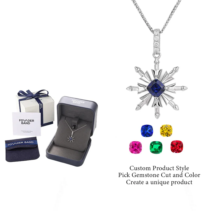 

FOUNDER BAND Original Design 925 Sterling Silver German Cushion Cut Sapphire Necklace Snowflake Shape Classic Pendant