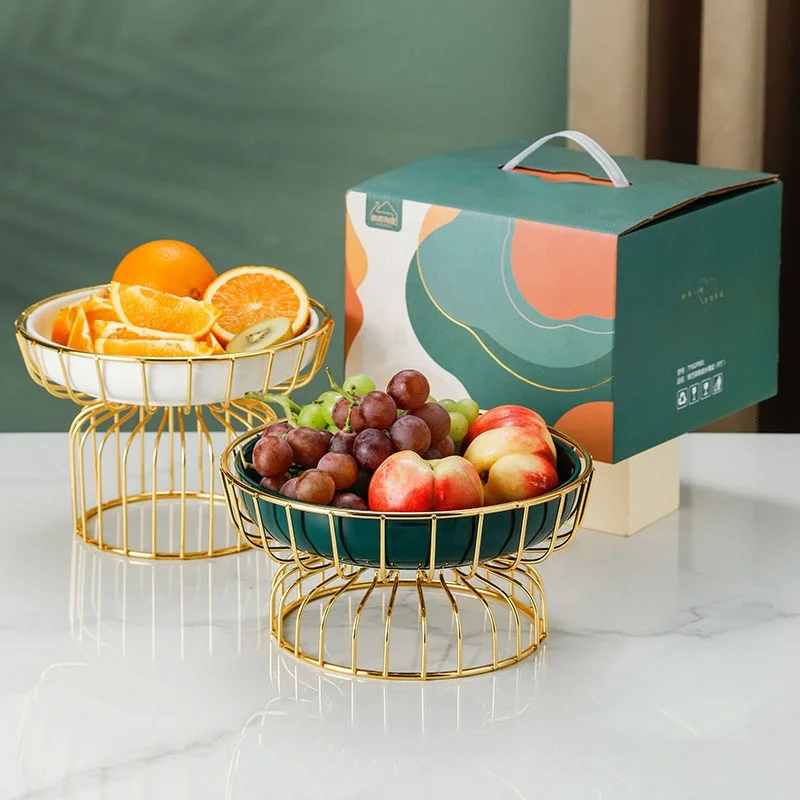 

Food Display Ceramic Salad Bowl Luxury Fruit Plate for Dessert Nordic Style Cake Serving Tray with Metal Rack Stand, Dark green,white,orange