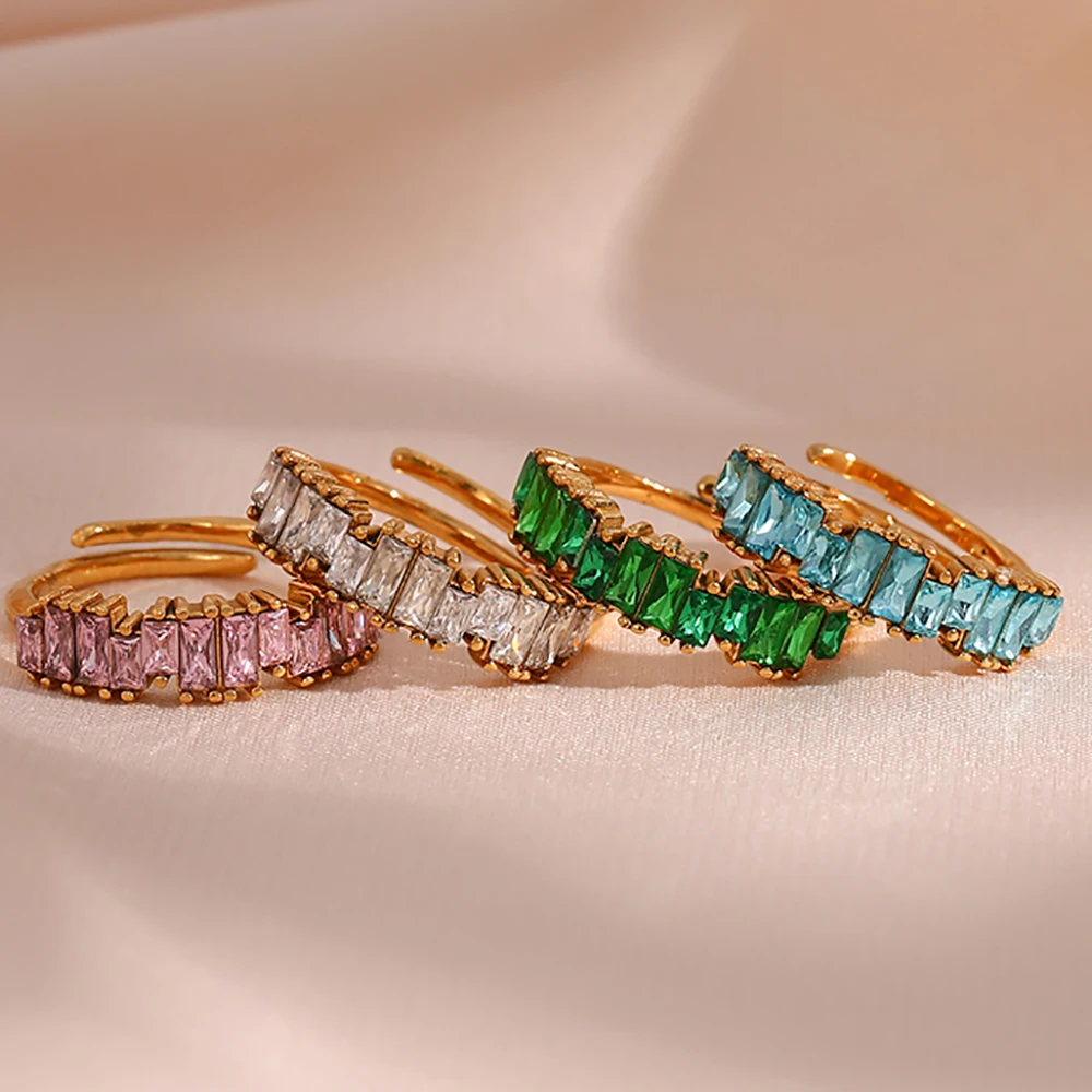 

Colorful Christmas Jewelry Shining Zircon Rings Gold Plated Statement Jewelry Stainless Steel Rings