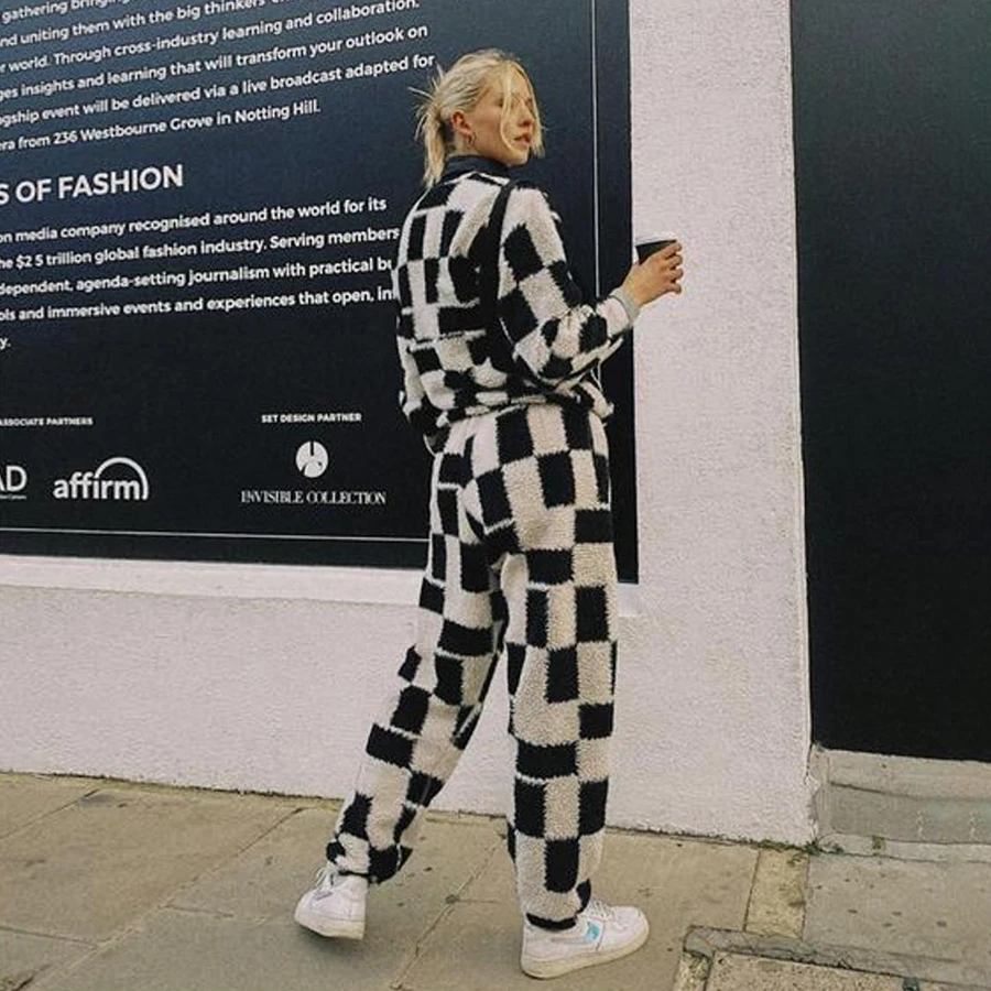 

Fleece Streetwear Pullover Zipper Plaid Autumn Winter Sweatshirt