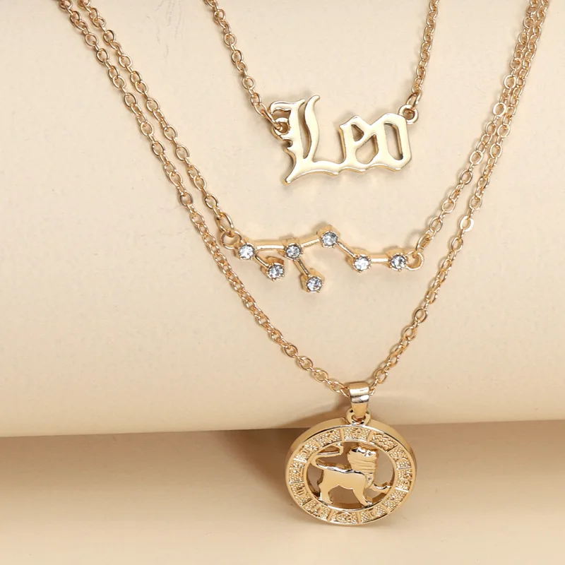 

Multilayer Gold 12 Zodiac Sign Retro Letter Symbol Diamond Zircon Necklace Set Ins Layered Women Clavicle Chain