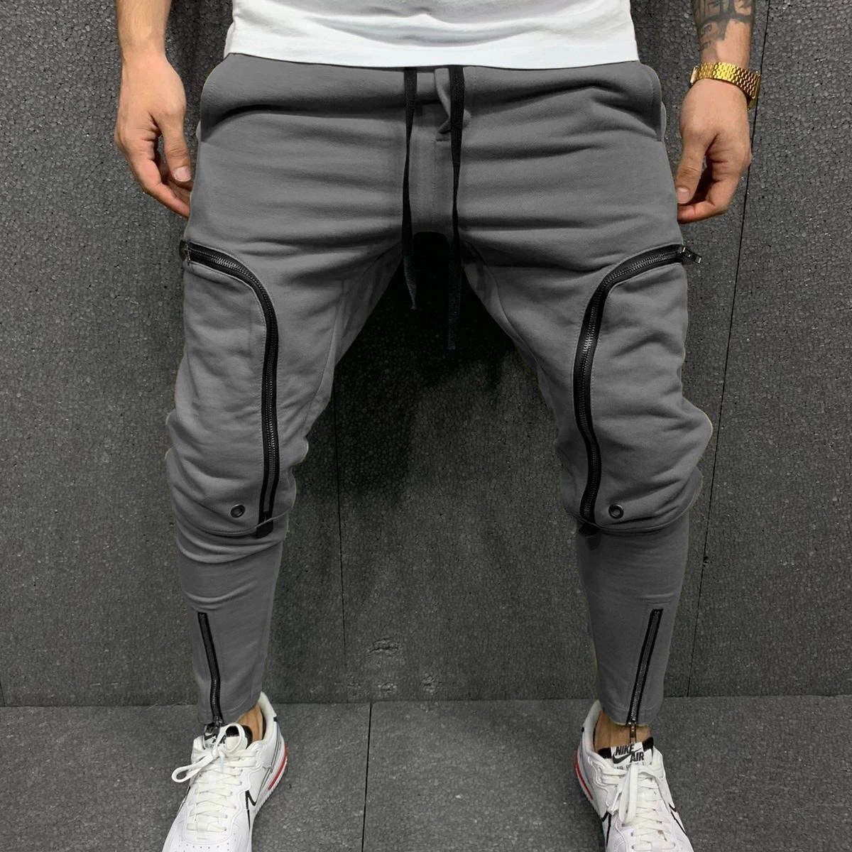 

Men's Popular Pocket Fitness Band Mouth Small Foot Zipper Patch Pocket Slim Sports Pants