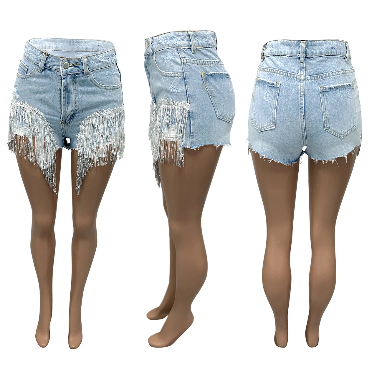 

Q21S857 European&American women's shorts personalized Beaded Fringe stitched washed jeans (pants only) shorts women girls' short