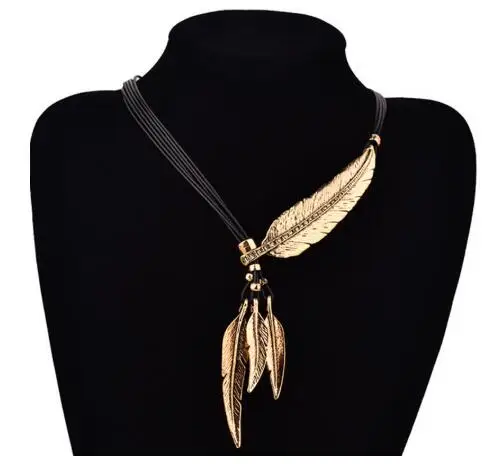 

Hot Sale New Fashion Bohemian Style Bronze Rope Chain Feather Pattern Pendant Necklace Gifts 2019, Silver