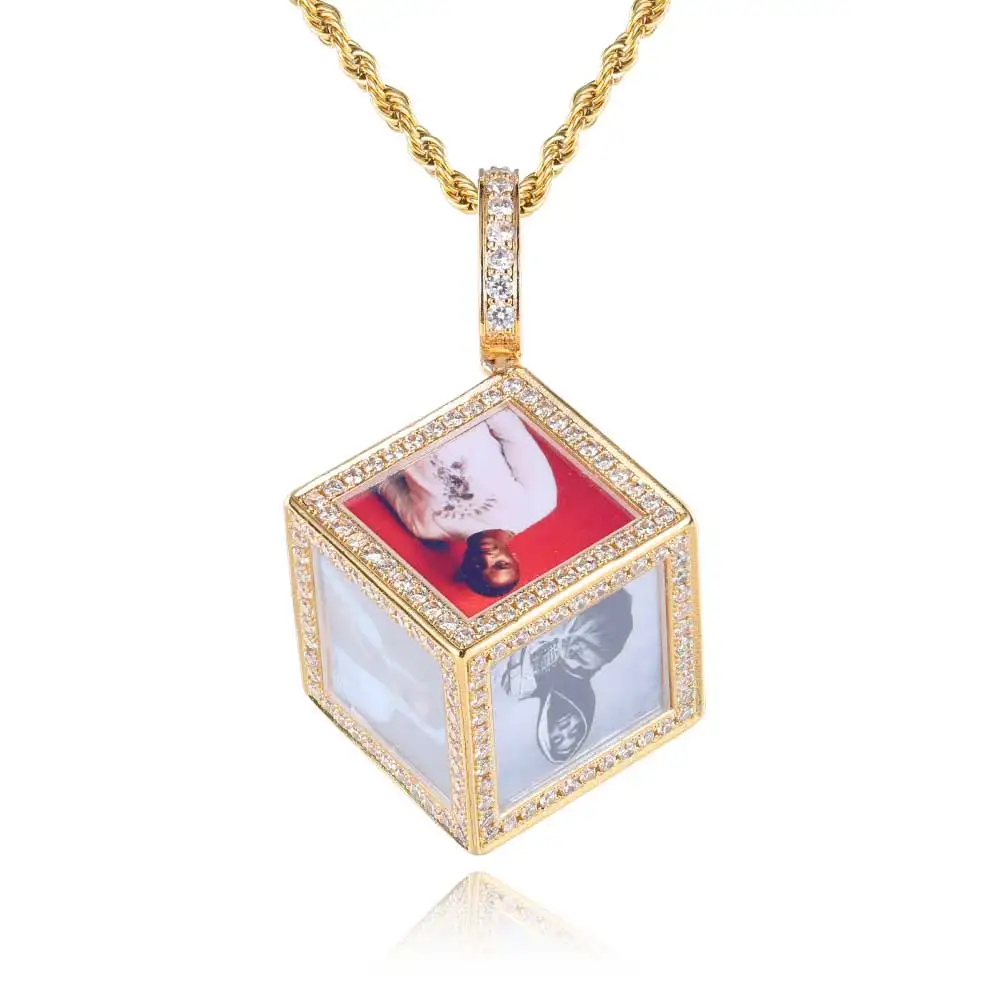 NUOYA Custom Photo Pendant Necklace Iced Out CZ Memory Cube Pendant Hip Hop Fine Jewelry Personalized Gift for Men Women