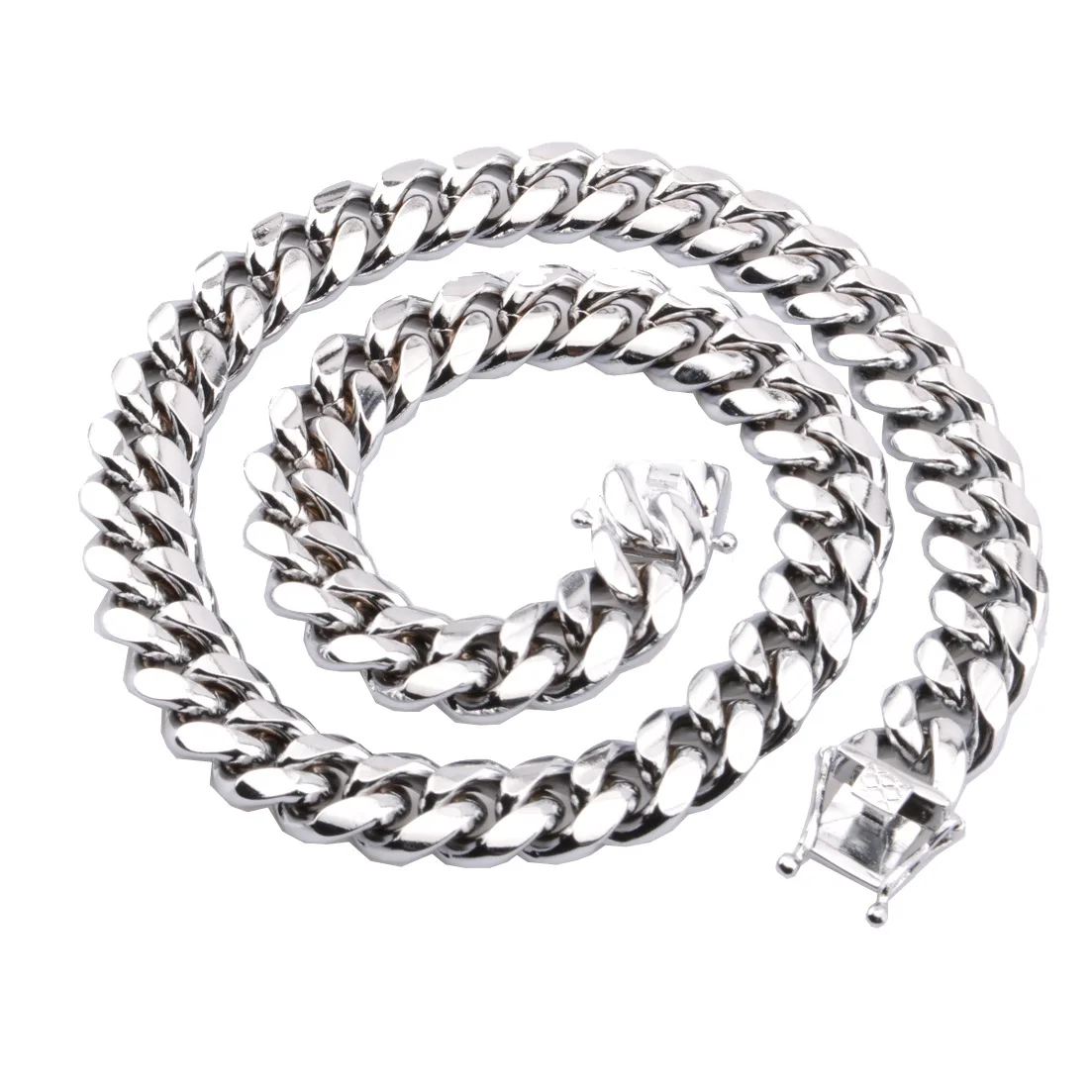 

Stock supplied Silver Plated Men's Hop Hop Chain Titanium steel Necklace Big Long Silver Chunky Thick Miami Cuban Link Chain