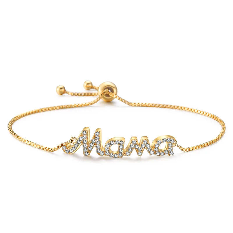 

Mother Gift Adjustable Crystal Rhinestone Bracelet Gold Mama Letter Cubic Zircon Adjustable Bracelet