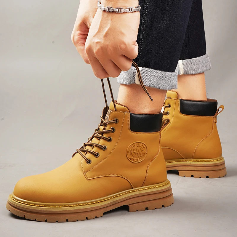 

Trendy Lace-up Yellow Ankle Boots High Quality Leather Boots for Men Anti-slip Rubber Sole Men's Shoes